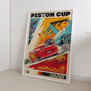 Plakaty z motywem kreskówek McQueen Piston Cup Disneyland Home Animowane plakaty Plakaty filmowe Dekoracje do pokoju dziecięcego Retro plakat filmowy