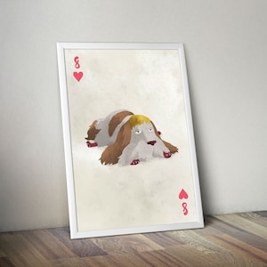 May include: A white card with a red heart and the number 8 printed on it. A cartoon illustration of a dog with brown and white fur and a blonde mane is lying down on the card.