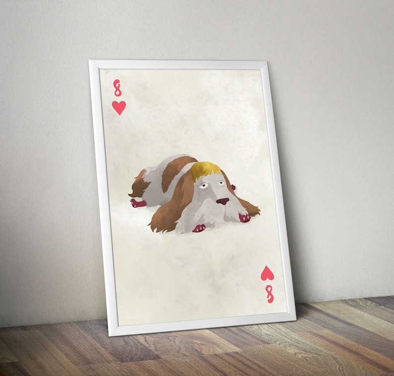 May include: A white card with a red heart and the number 8 printed on it. A cartoon illustration of a dog with brown and white fur and a blonde mane is lying down on the card.