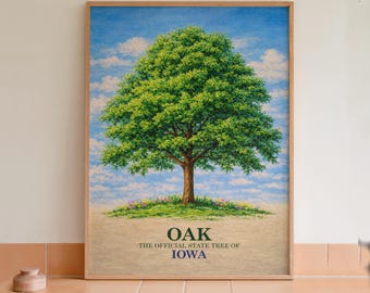 Cuadro decorativo con estampado botánico de roble arbóreo del estado de Iowa