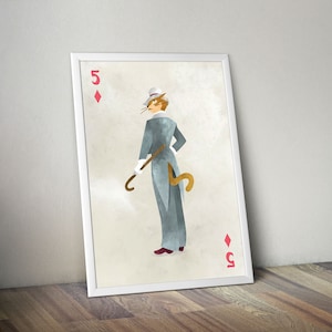 May include: Framed art print featuring a stylized illustration of a cat dressed in a suit and top hat, holding a cane. The artwork is designed to resemble a playing card, with the number 5 and a diamond symbol.