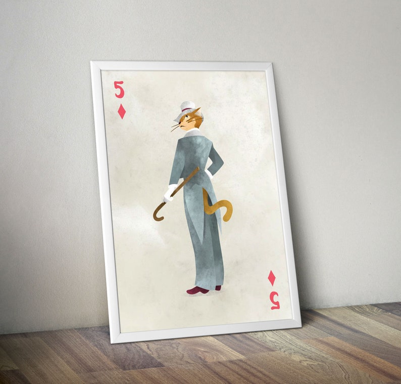 May include: Framed art print featuring a stylized illustration of a cat dressed in a suit and top hat, holding a cane. The artwork is designed to resemble a playing card, with the number 5 and a diamond symbol.