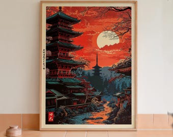 Impresión artística de una pagoda de un templo de Tokio al atardecer en Japón