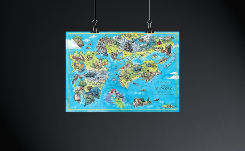 May include: A vibrant map depicting a fantasy world with detailed illustrations of locations and characters. The map is labelled "The World of Hayao Miyazaki Studio Ghibli" and is suspended against a dark backdrop.