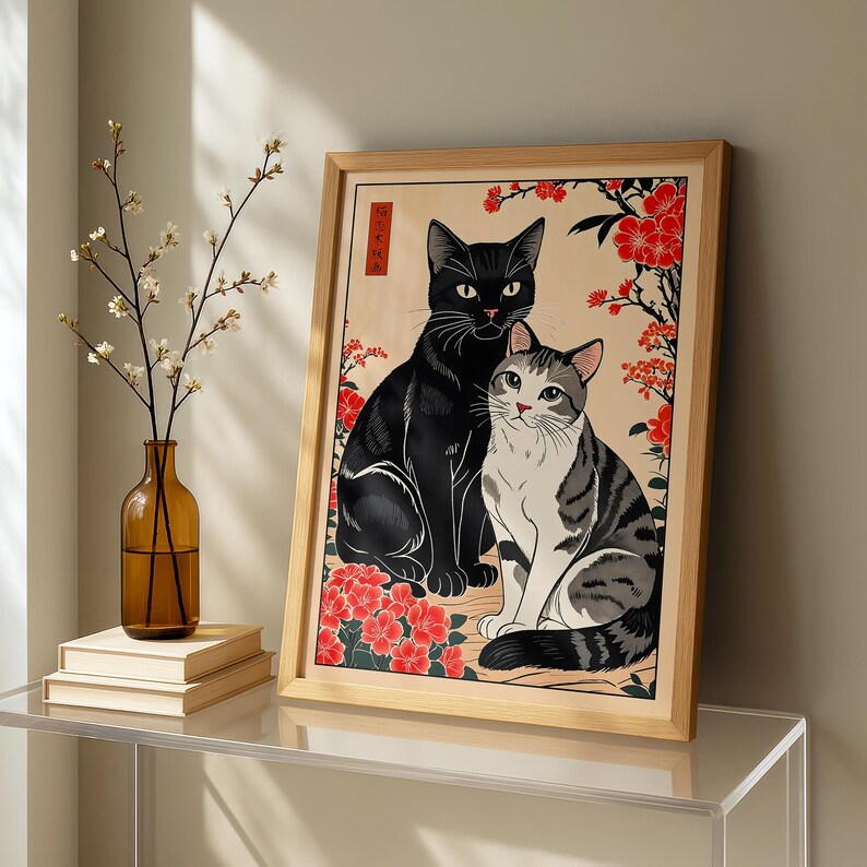Japanese Cat Wall Art Vintage Ukiyoe Cat Poster Floral Animal ...