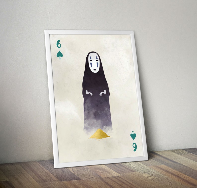 May include: Framed art print featuring a stylized illustration of a character from Spirited Away. The image resembles a playing card, with a black figure and a pile of gold. The numbers 6 and 9, along with spade symbols, are visible.