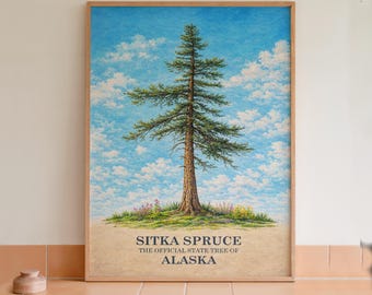 Lámina botánica del árbol estatal de Alaska: Abeto de Sitka para pared.