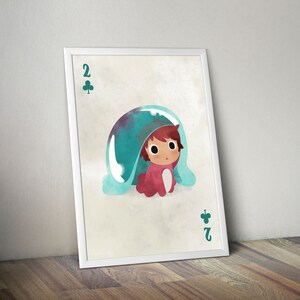 May include: A white framed print of a playing card with a cartoon illustration of a child in a blue and green bubble. The card is the two of clubs.