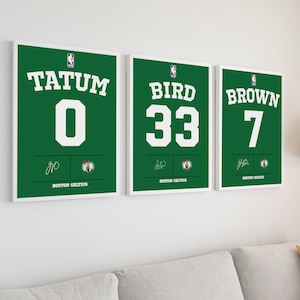 Arte de la camiseta de los Boston Celtics, póster personalizado de la NBA, arte de pared de la NBA, Jayson Tatum, Larry Bird, Jaylen Brown, moderno de mediados de siglo