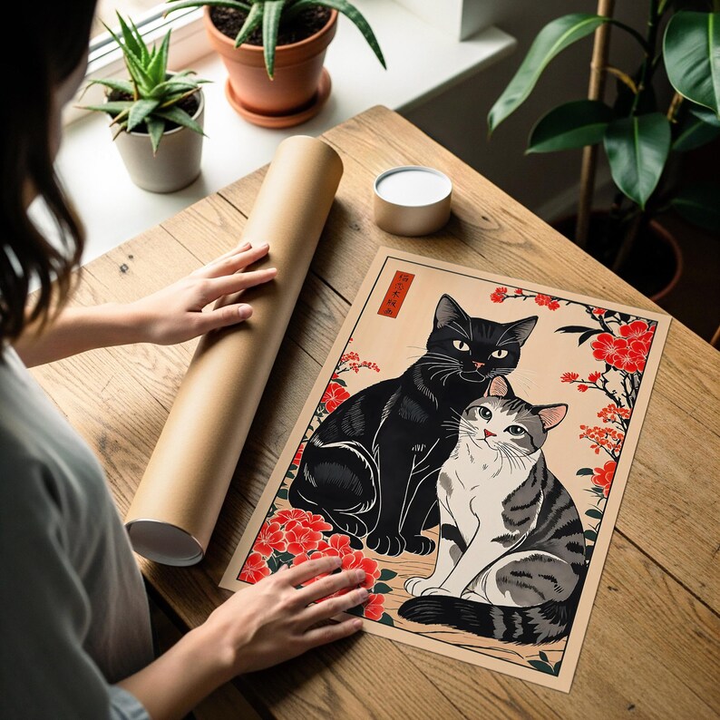 Japanese Cat Wall Art Vintage Ukiyoe Cat Poster Floral Animal ...