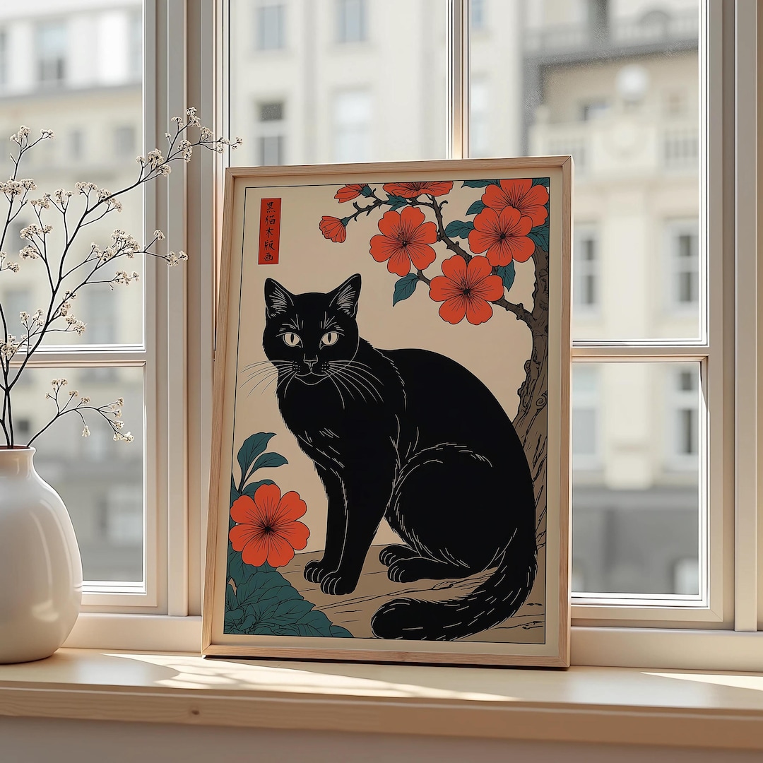Japanese Black Cat Poster Vintage Floral Wall Art Ukiyoe Style Cat ...
