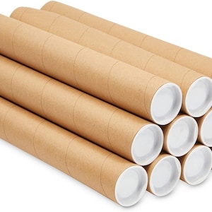 May include: A stack of ten brown cardboard mailing tubes with white plastic end caps. The tubes are stacked in a pyramid shape.