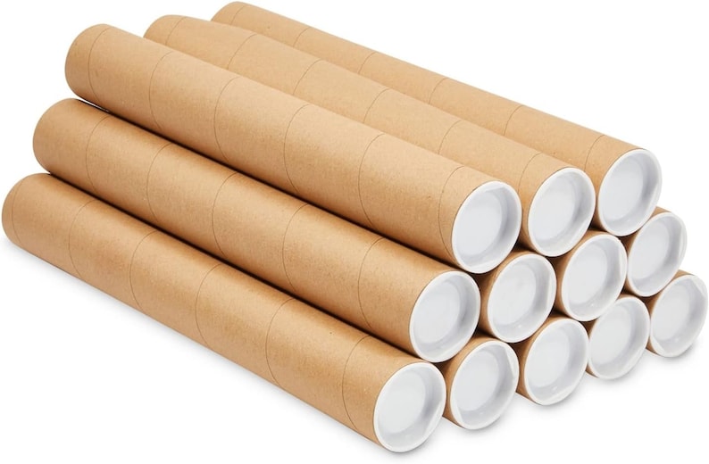 May include: A stack of ten brown cardboard mailing tubes with white plastic end caps. The tubes are stacked in a pyramid shape.