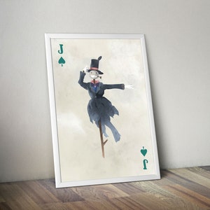 May include: A vintage-style illustration of the Jack of Spades playing card. The Jack is depicted as a scarecrow wearing a top hat and a blue suit, standing on a wooden pole. The card is set against a white background with a subtle watercolour effect.