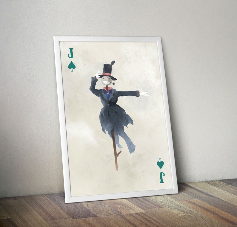 May include: A vintage-style illustration of the Jack of Spades playing card. The Jack is depicted as a scarecrow wearing a top hat and a blue suit, standing on a wooden pole. The card is set against a white background with a subtle watercolour effect.