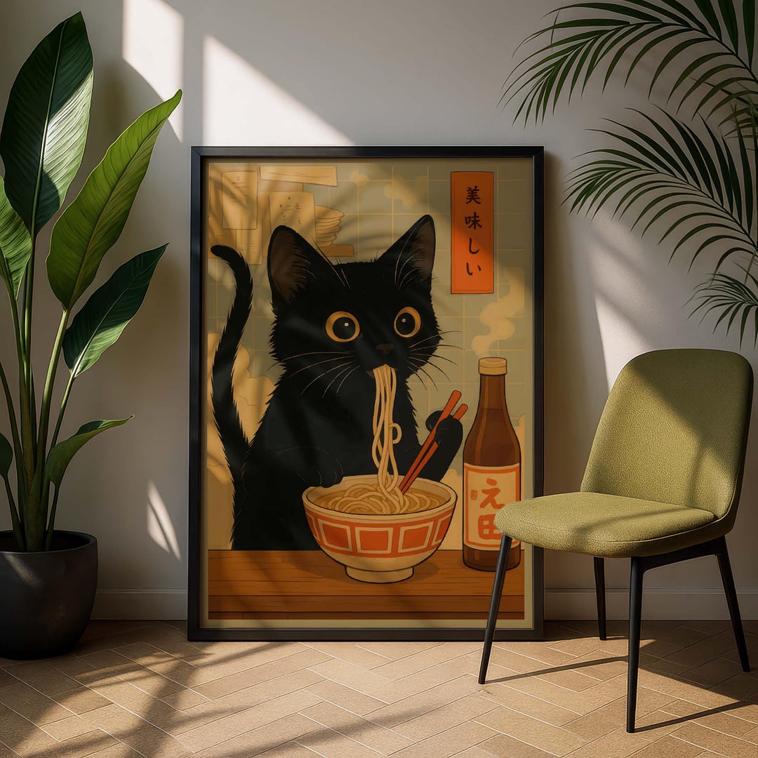 Japanese Ramen Cat Poster Funny Black Cat Eating Noodles Kitchen Wall ...