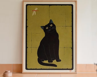 Libélula y gato negro - Lámina de arte minimalista japonés
