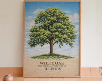Arte mural con lámina botánica del roble blanco, árbol estatal de Illinois.