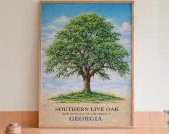 Arte mural con lámina botánica del roble vivo, árbol estatal de Georgia.