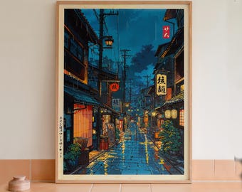 Lámina artística de anime japonés "Tokyo Night Rain Street" (Lluvia nocturna en Tokio), impresa en lámina.
