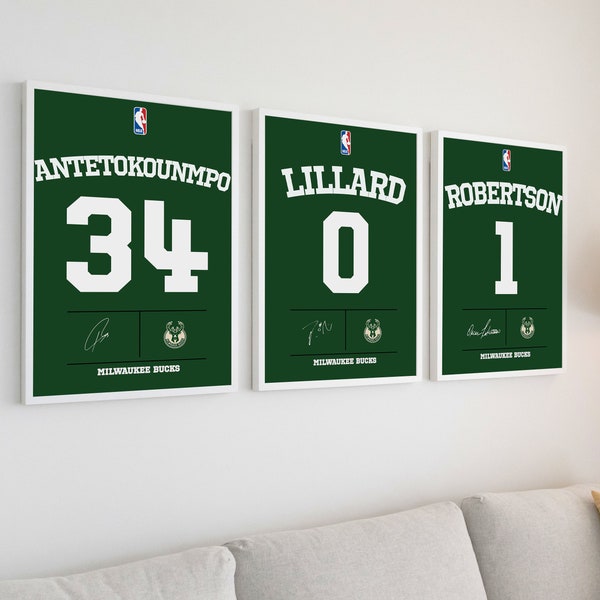 Milwaukee Bucks Jersey Art NBA Giannis Antetokounmpo Damian Lillard Oscar Robertson NBA Wall Art Poster personalizzato NBA Mid-Century Modern