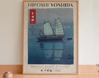 Hiroshi Yoshida - Barcos de vela nocturnos - Grabado japonés en madera
