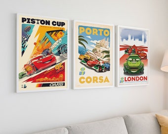 May include: Three colorful posters featuring scenes from the Disney Pixar movie Cars. The first poster is red, white, and blue with the text "Piston Cup" and shows Lightning McQueen racing. The second poster is yellow, blue, and green with the text "Porto Corsa" and shows Lightning McQueen racing in a European city. The third poster is red, white, and blue with the text "London" and shows Lightning McQueen racing in London.