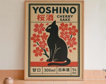 Póster japonés vintage de Yoshino Cherry Sake Cat