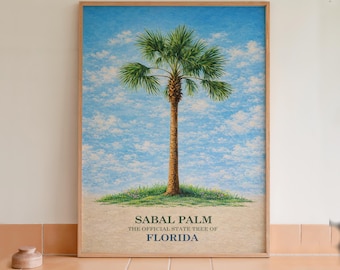 Arte mural con lámina botánica de la palmera Sabal, árbol estatal de Florida.