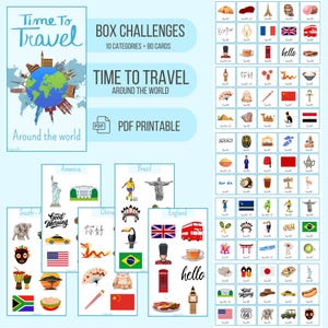 May include: A PDF printable travel game with the title "Time to Travel Around the World." The game includes cards with illustrations of landmarks, flags, and cultural symbols from various countries. The game has 10 categories and 80 cards.