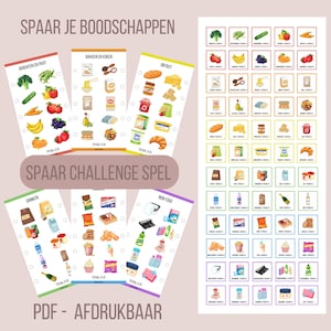 Puede incluir: Un conjunto de hojas de juego imprimibles y coloridas para un desafío de compras. Las hojas están categorizadas por grupos de alimentos e incluyen ilustraciones de varios alimentos, bebidas y artículos no alimenticios. El texto "SPAAR JE BOODSCHAPPEN" está en la parte superior.