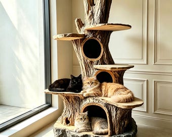 Árbol rascador para gatos de madera maciza, hecho a mano y a medida.