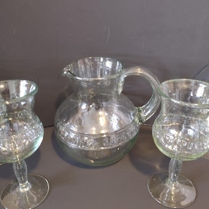 Vintage Pitcher And Stemmed Glasses Set-Clear-blown glass-pitcher-4 Glasses
