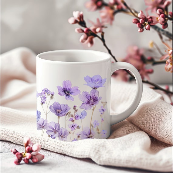 Purple Floral Mug: Cottagecore Pressed Flower Coffee Cup