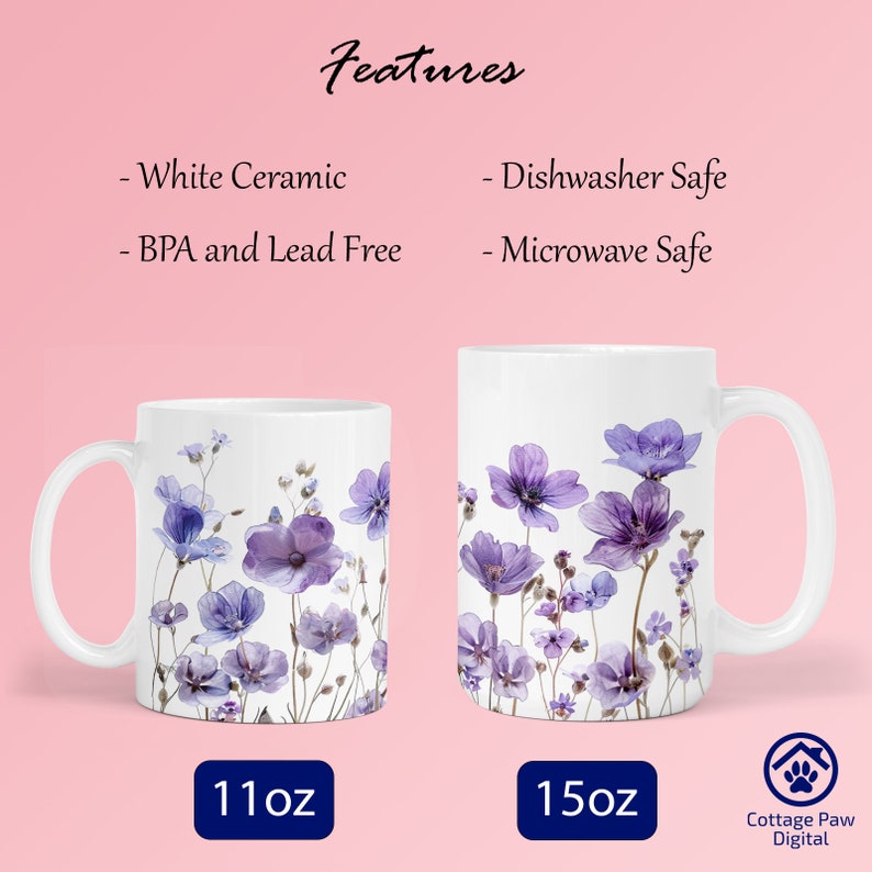 May include: Two white ceramic mugs with a floral design featuring purple flowers on a white background. The mug on the left is 11 ounces and the mug on the right is 15 ounces. Both mugs are dishwasher and microwave safe.