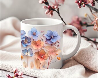 Hydrangea Coffee Mug: Pressed Flower Cottagecore Floral Tea Cup