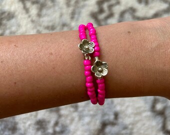 2pcs Pink Bohemian Silver Flower Beaded Stretchy Bracelet Crafted Summer