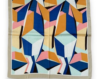 Khaki Edges Navy Blue Orange Geometric Scarf 27" X 27" Women Scarve Unisex