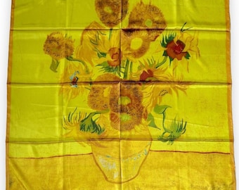 Yellow Sunflowers Van Gogh Scarf Unisex Vtg Green Headscarf Tied 35" x35" Square Scarve Summer