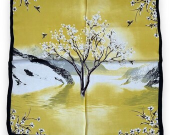 Tree With White Flower Scarf Yellow 27" X 27" Brown Women Elegant Square Scarve