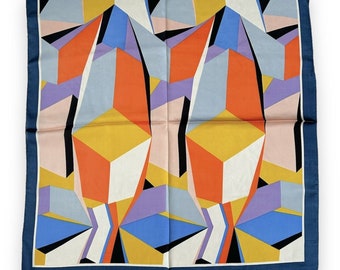 Navy Blue Edges Orange Yellow Geometric Scarf 27" X 27" Women Scarve Unisex