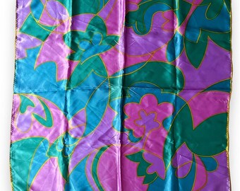 Made in Japan Purple Green Yellow Vintage Scarf Exclusive Design Acetate Satin 27" x 27" Square Scarve