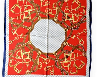Red Scarf 27" X 27" Horse Golden Chains Women Square Scarve Nave Blue Vintage Style Summer