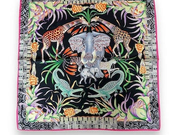 Safari Dieren Zwart Roze Groene Sjaal 21" X 21" Vierkante Sjaal Giraffe Olifant