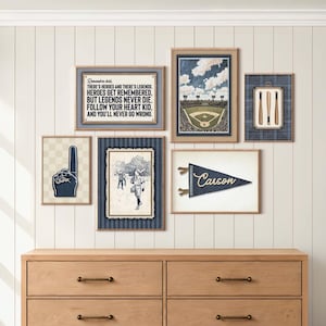 Baseball Wall Art Boys Room, Vintage Gallery Set of 6, Custom Name Pennant Flag, Boys Room Decor, Digital Download