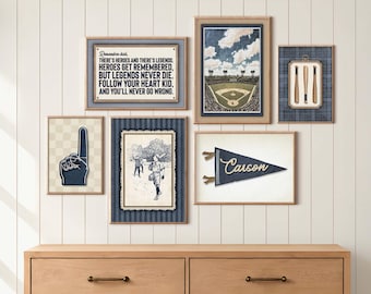 Baseball Wall Art Boys Room, Vintage Gallery Set of 6, Custom Name Pennant Flag, Boys Room Decor, Digital Download