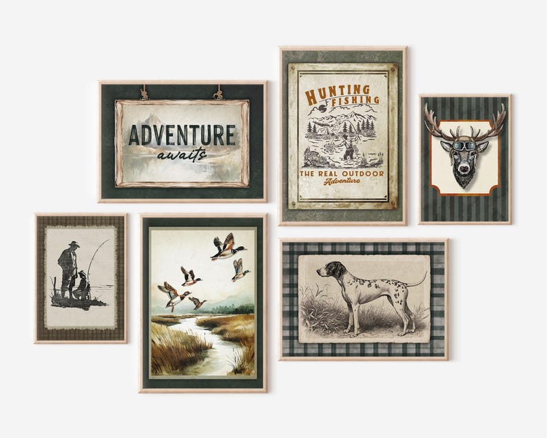 Fishing Hunting Woodland Wall Art Deer and Duck Nature Themed Prints Boys Room Adventure Awaits Hunting Dog Nature Wild Life Boys Prints image 1