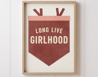 Long Live Girlhood Pennant Flag Banner Girls Nursery Wall Art Blush Pink Canvas Banner Pennant Poster, Printable Playroom Wall Art