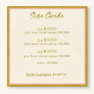 Peut inclure: Un guide des tailles pour les impressions avec diff&eacute;rents rapports d'aspect. Le guide indique les dimensions en pouces pour les rapports 2:3, 3:4 et 4:5. Le texte "little lambert print co" se trouve en bas du guide.