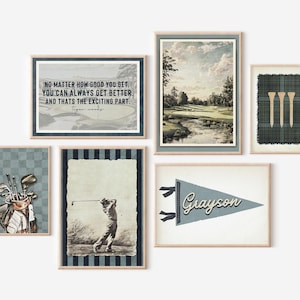 Golf Art Vintage Boys Room Set of 6 Gallery Wall Blue Golf Poster Golfer Gift Man Cave Decor Custom Pennant Flag Print Sports Nursery Boho